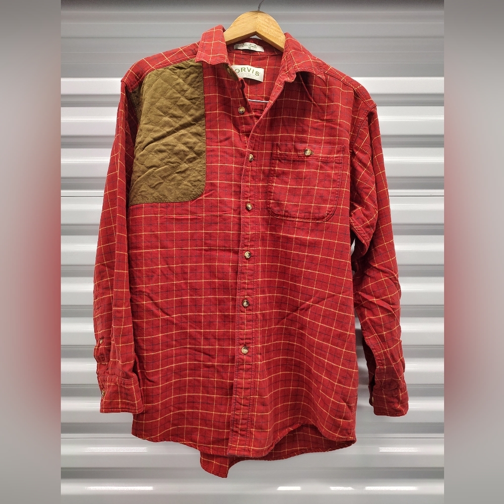 Men's Orvis red plaid flannel button down shirt with faux suede patch si…